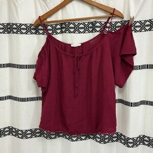 Socialite Cold Shoulder Top Flowy Blouse Pom Trim Burgundy‎ Large